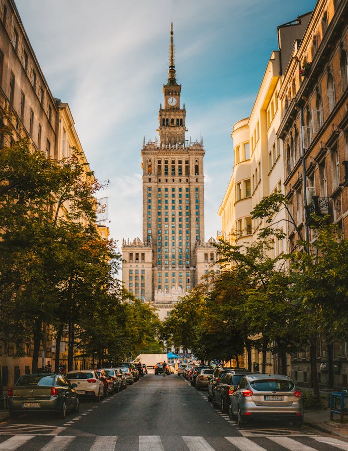 pexels photo 2613438 A vibrant street view of the Palace of Culture and Science in Warsaw, showcasing urban architecture.