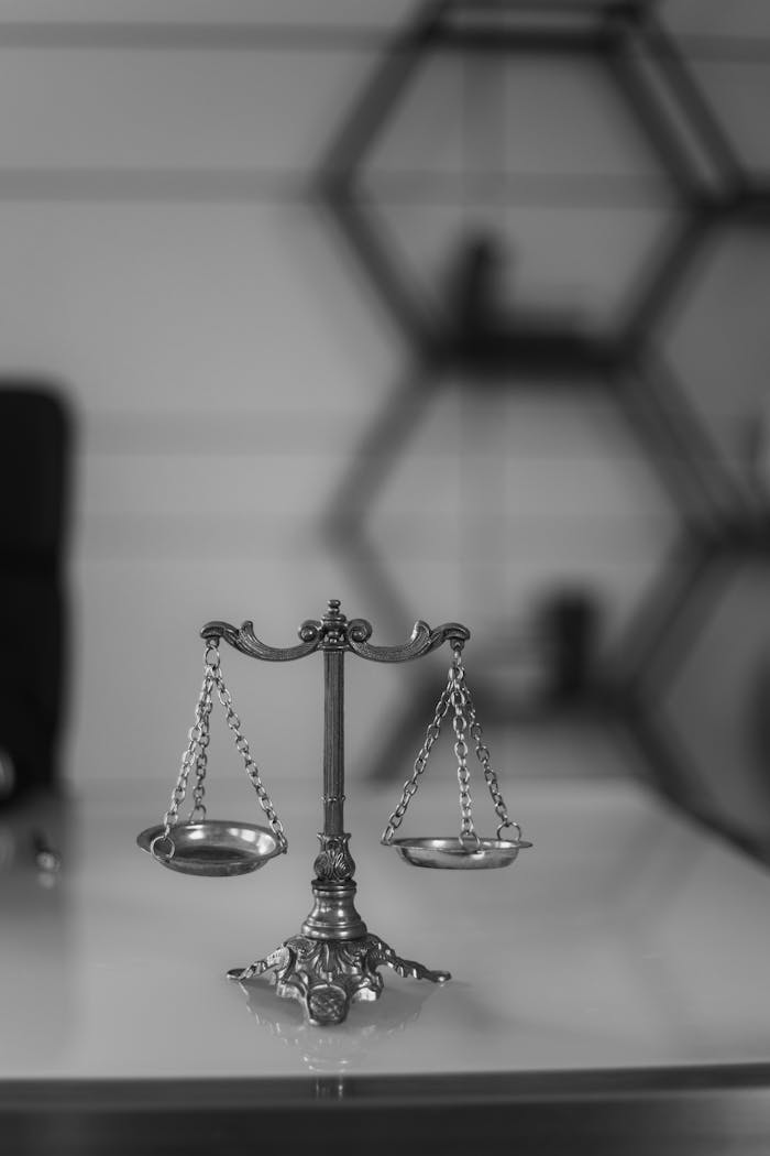 services-img A black and white photo of a vintage balance scale in an office environment, emphasizing symmetry and justice.